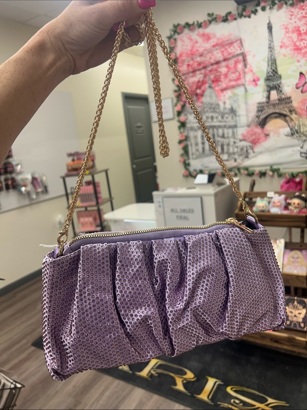 Lavender Sequin Shoulder Bag with Gold Chain